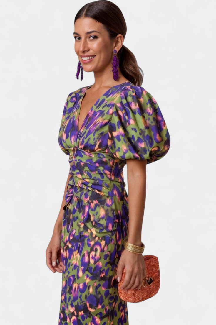 Carla | Robe Midi Imprimée avec Manches Bouffantes