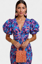 Carla | Robe Midi Imprimée avec Manches Bouffantes