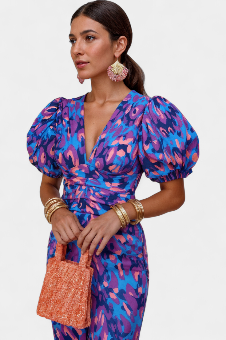 Carla | Robe Midi Imprimée avec Manches Bouffantes
