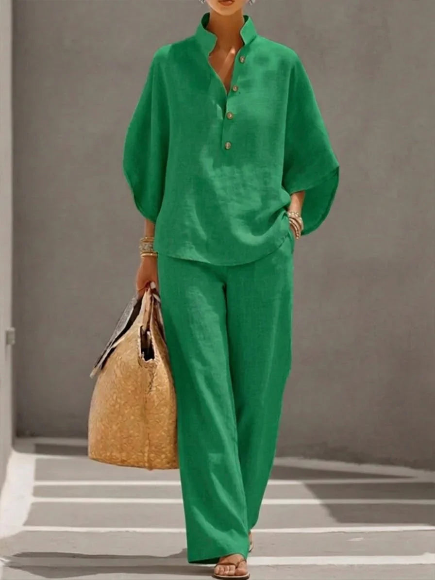 Mariel | Ensemble complet en lin avec manches chauve-souris et pantalons larges