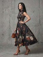 Greta | Robe Midi Plissée à Col Montant et Découpe