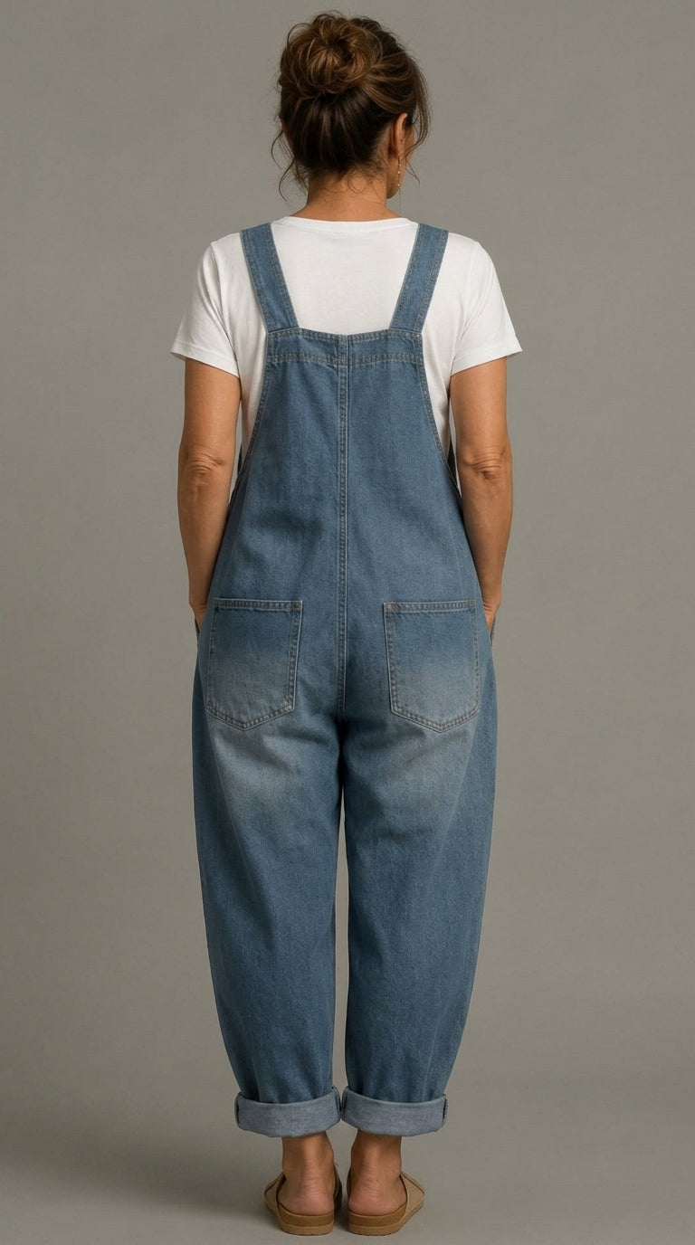 Sara - Salopette en denim de coton avec lavage vintage