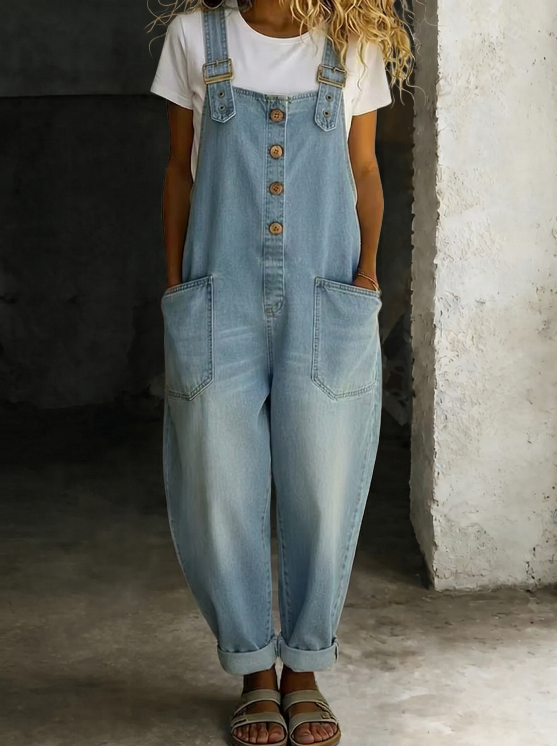 Carmen - Combinaison vintage en denim en coton doux avec bretelles réglables