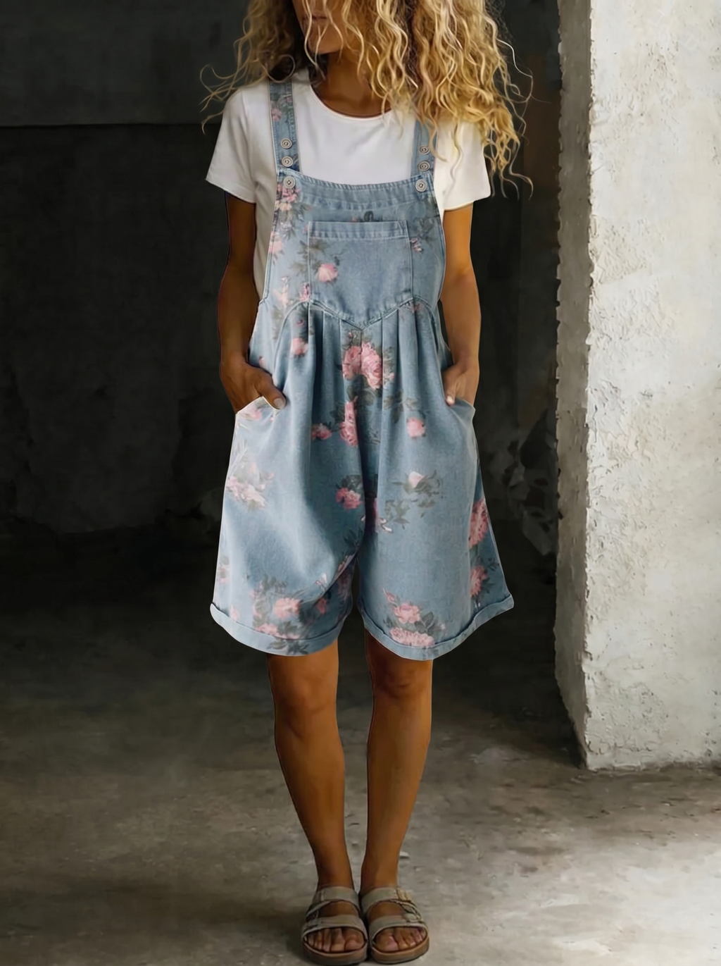 Adriana - Combinaison en denim floral avec toucher doux en coton et lavage vintage