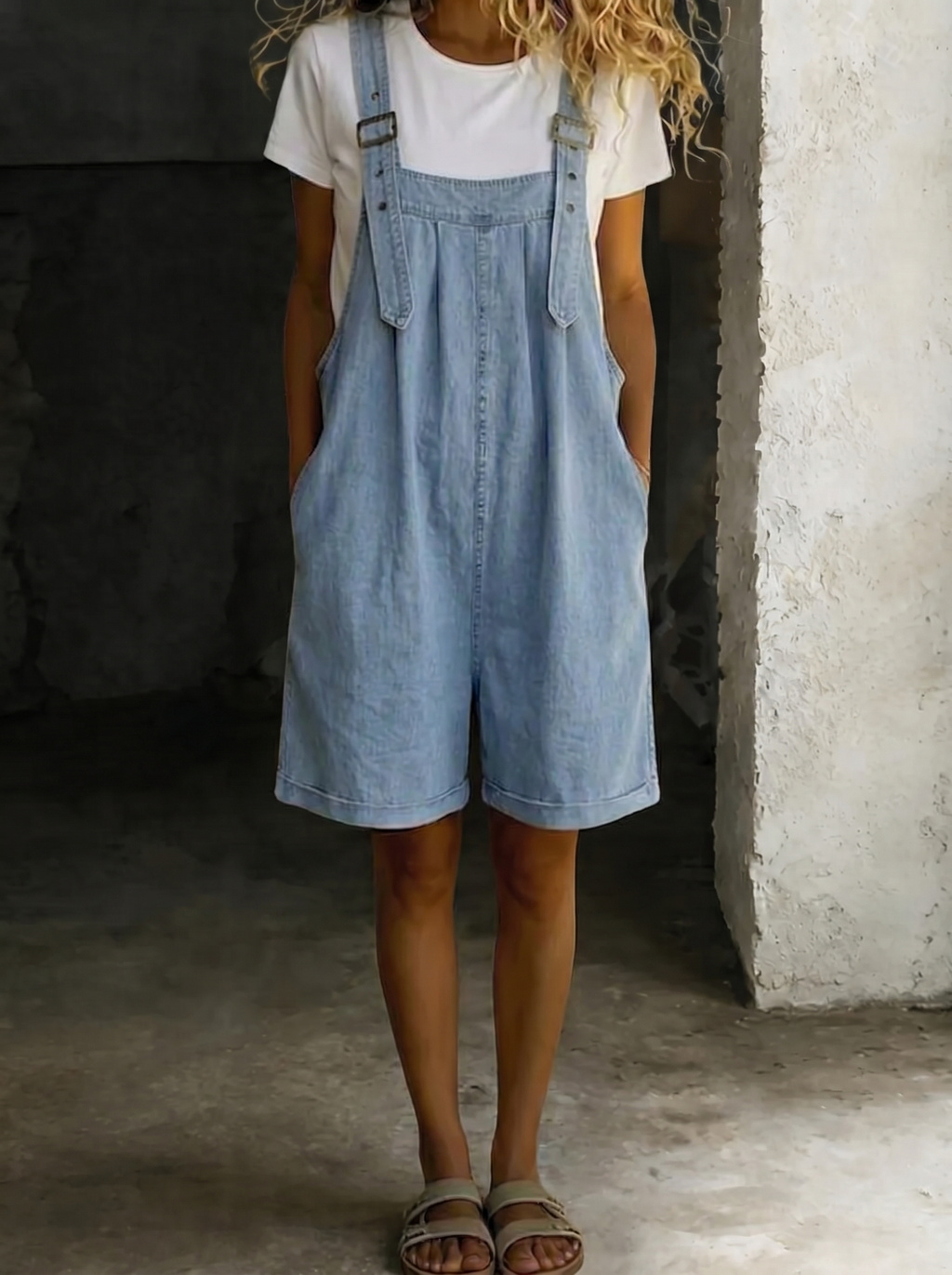Isabel - Combinaison courte en denim avec toucher coton doux et lavage vintage Bleu clair