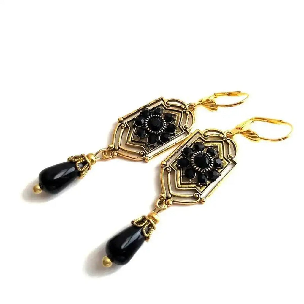 Boucles d'Oreilles en Goutte de Cristal Noir