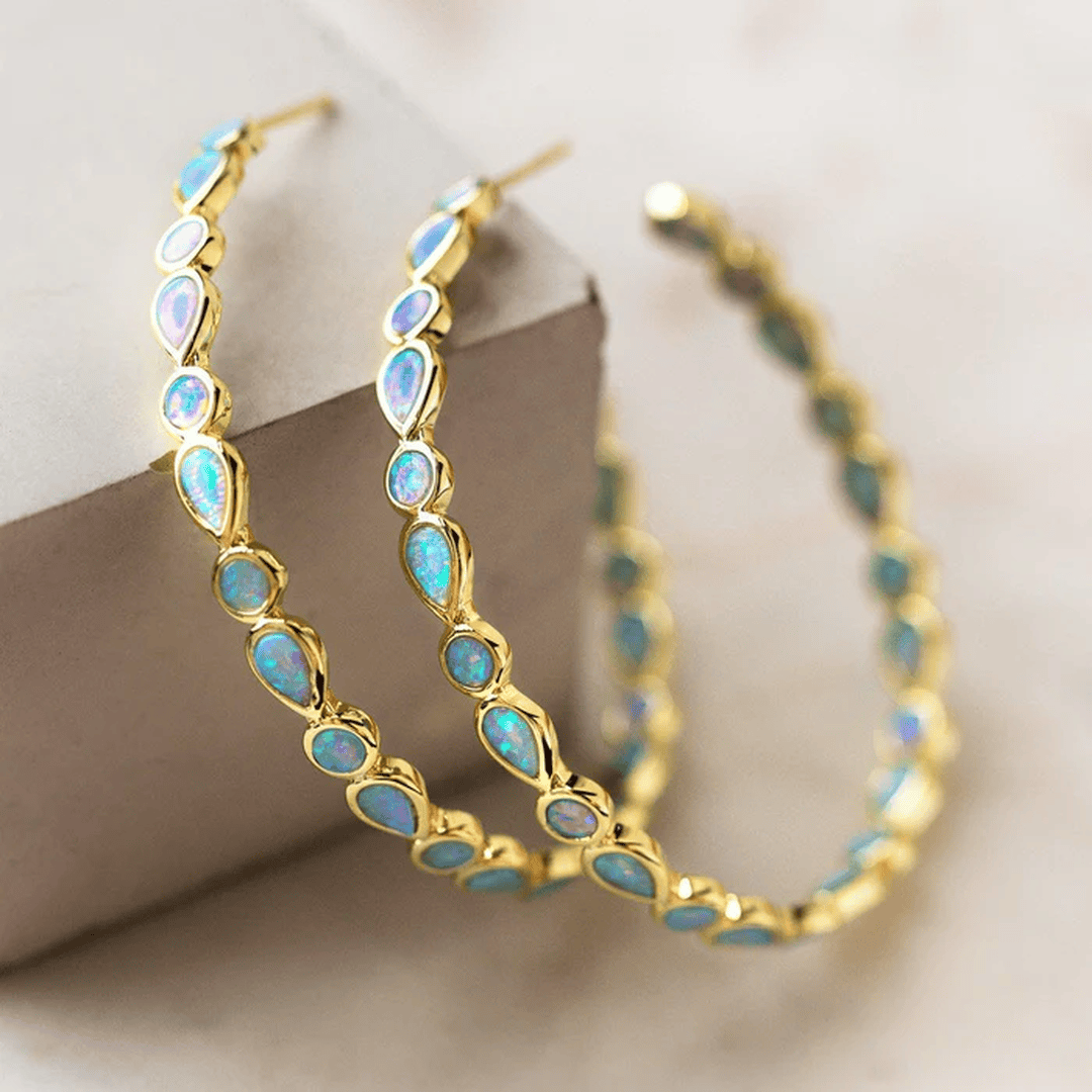 Boucles d'Oreilles en Anneau d'Opale Bleue Vintage
