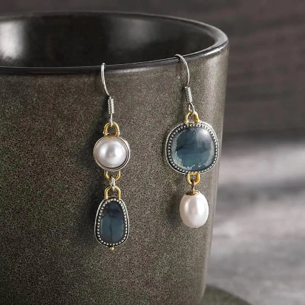 Boucles d'Oreilles en Perles avec Pierre Bleue Vintage