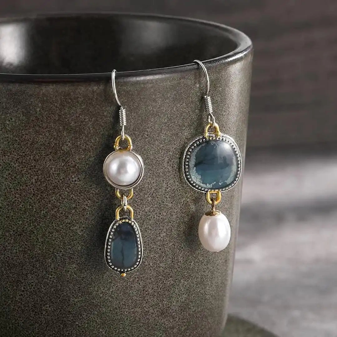 Boucles d'Oreilles en Perles avec Pierre Bleue Vintage