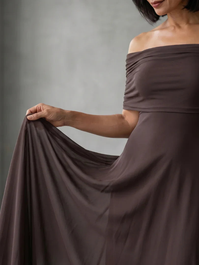 Cosma | Robe Midi à Encolure Drapée Hors Épaules