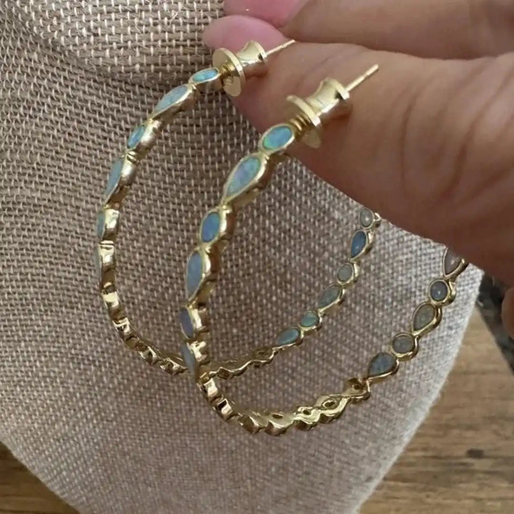 Boucles d'Oreilles en Anneau d'Opale Bleue Vintage