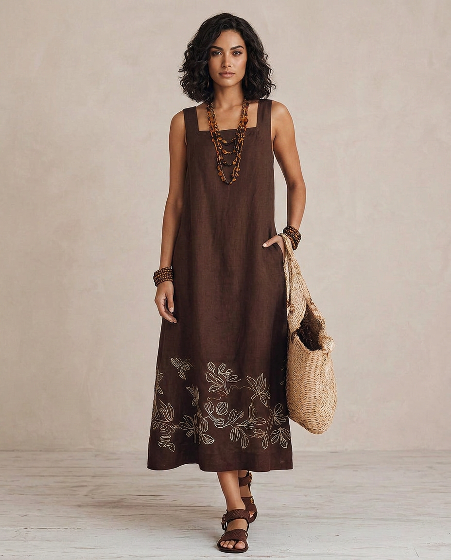 NOEMI | Robe Midi en Lin Boho Brodée