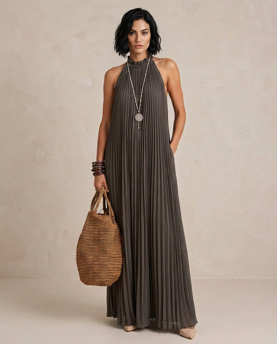 LIRA | Robe Maxi Halter Plissée Grise