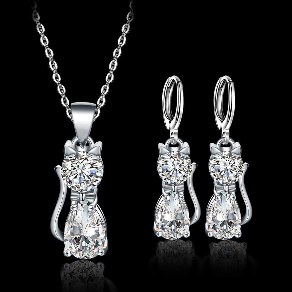 Set de Collier et Boucles d'Oreilles en Argent Sterling avec Chats Joyeux et Zirconium Blanc Poli