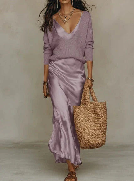 Elena | Robe Midi en Satin avec Pull Inclus