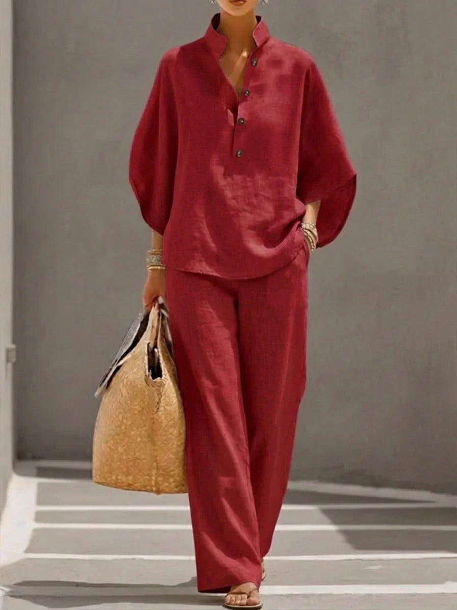 Mariel | Ensemble complet en lin avec manches chauve-souris et pantalons larges