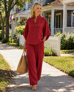 Mariel | Ensemble complet en lin avec manches chauve-souris et pantalons larges