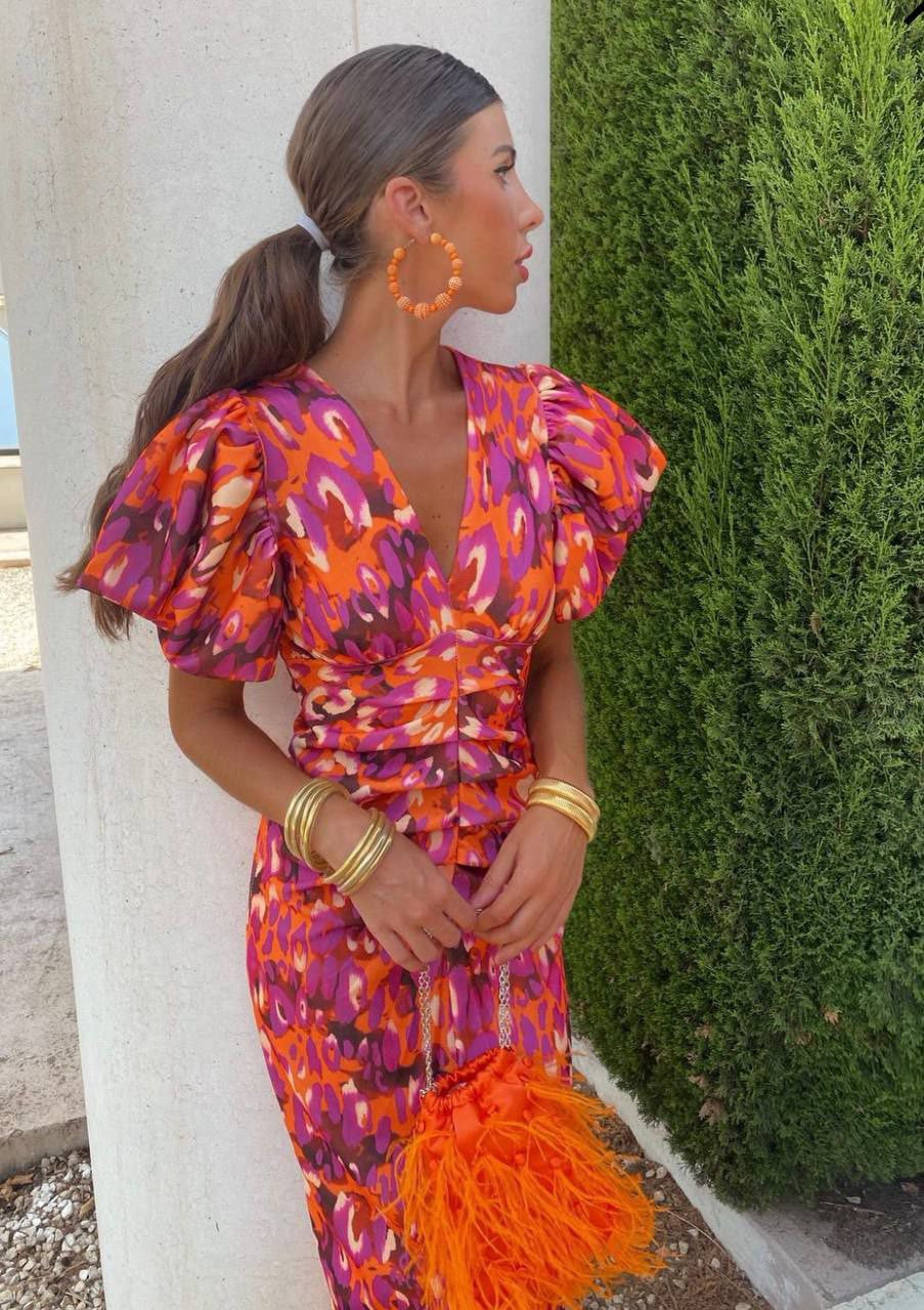 Carla | Robe Midi Imprimée avec Manches Bouffantes