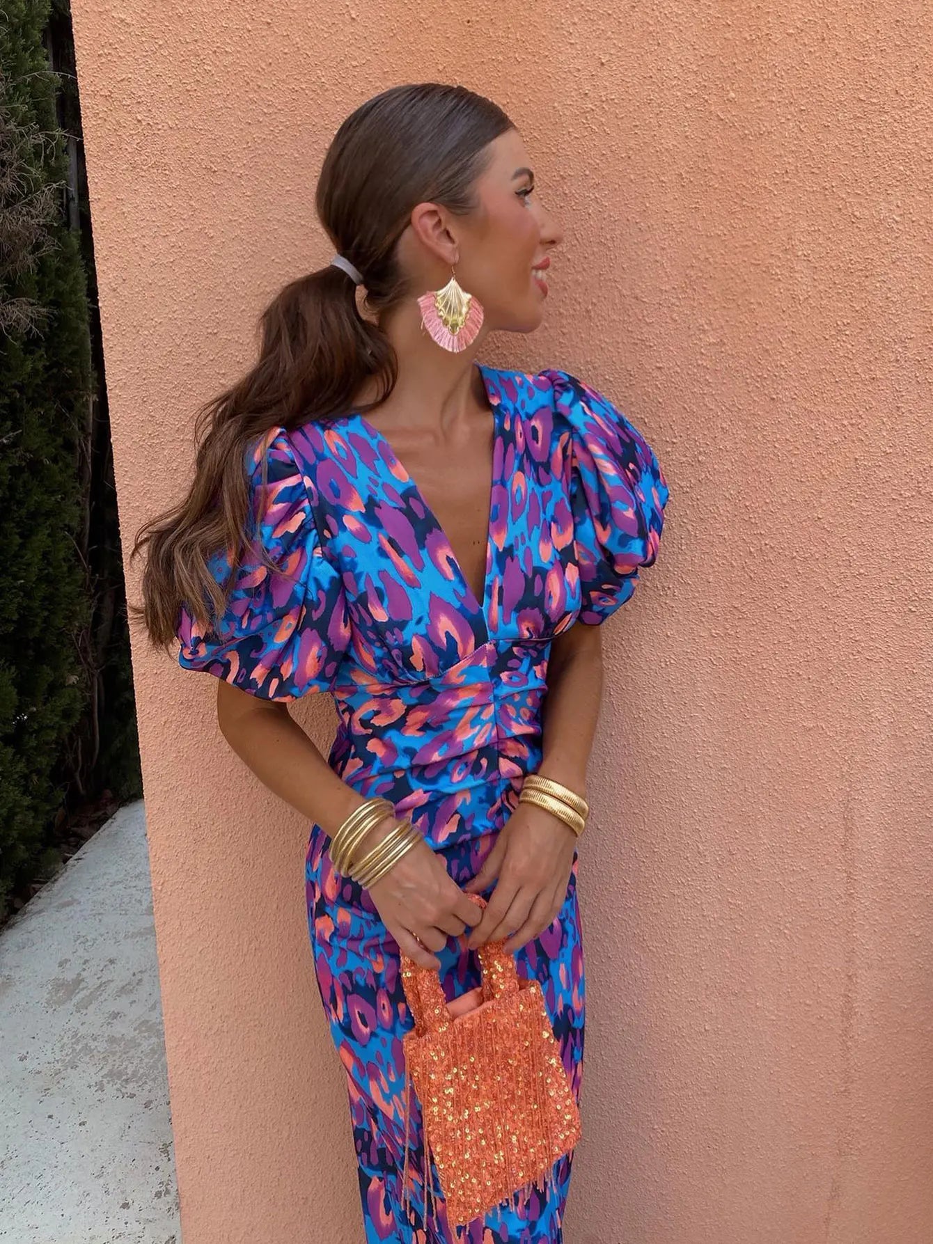 Carla | Robe Midi Imprimée avec Manches Bouffantes