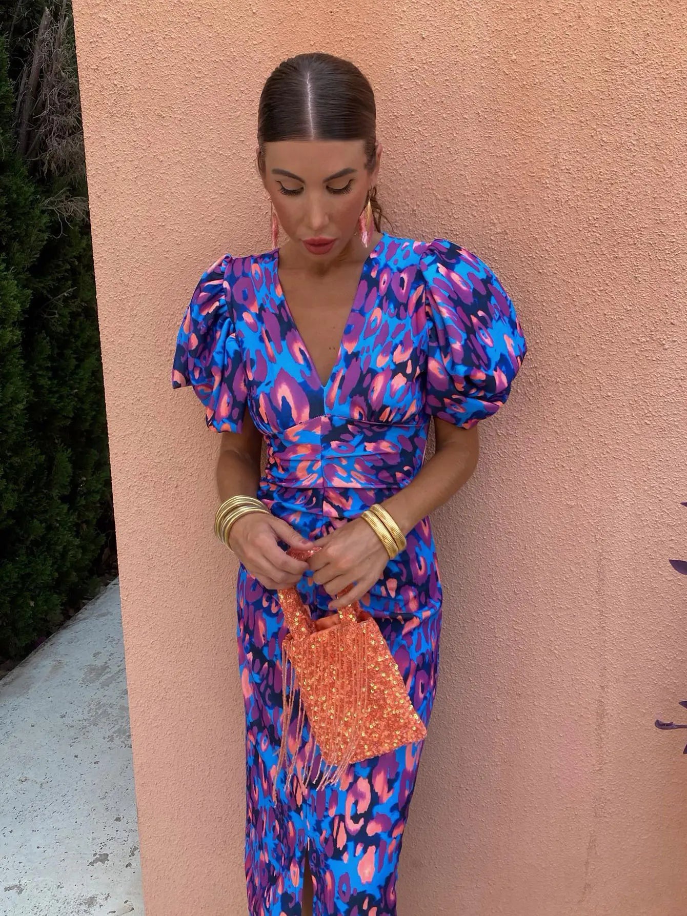 Carla | Robe Midi Imprimée avec Manches Bouffantes