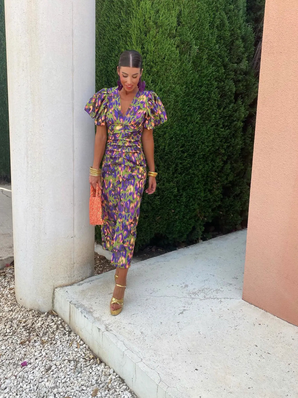 Carla | Robe Midi Imprimée avec Manches Bouffantes