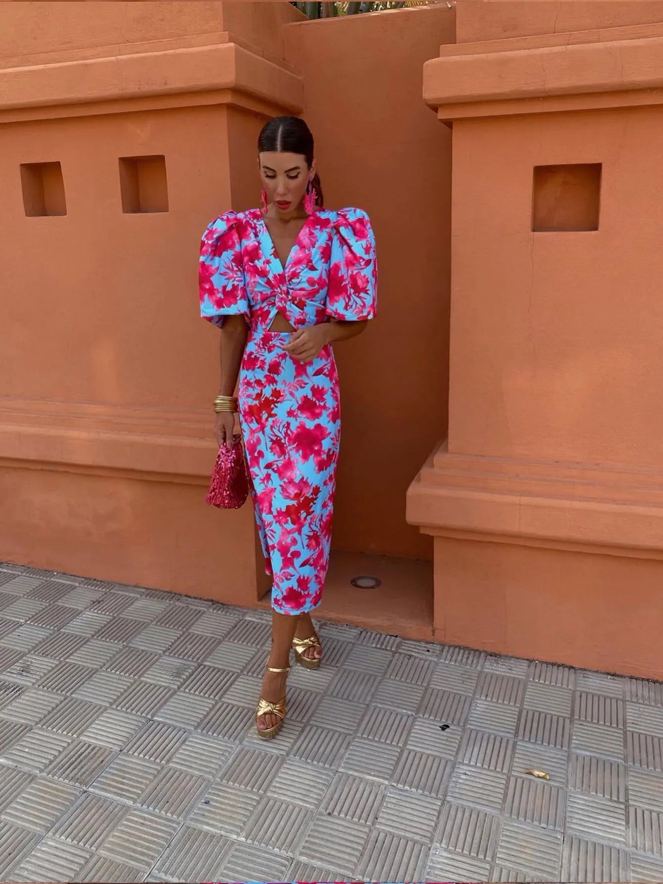 Carla | Robe Midi Imprimée avec Manches Bouffantes