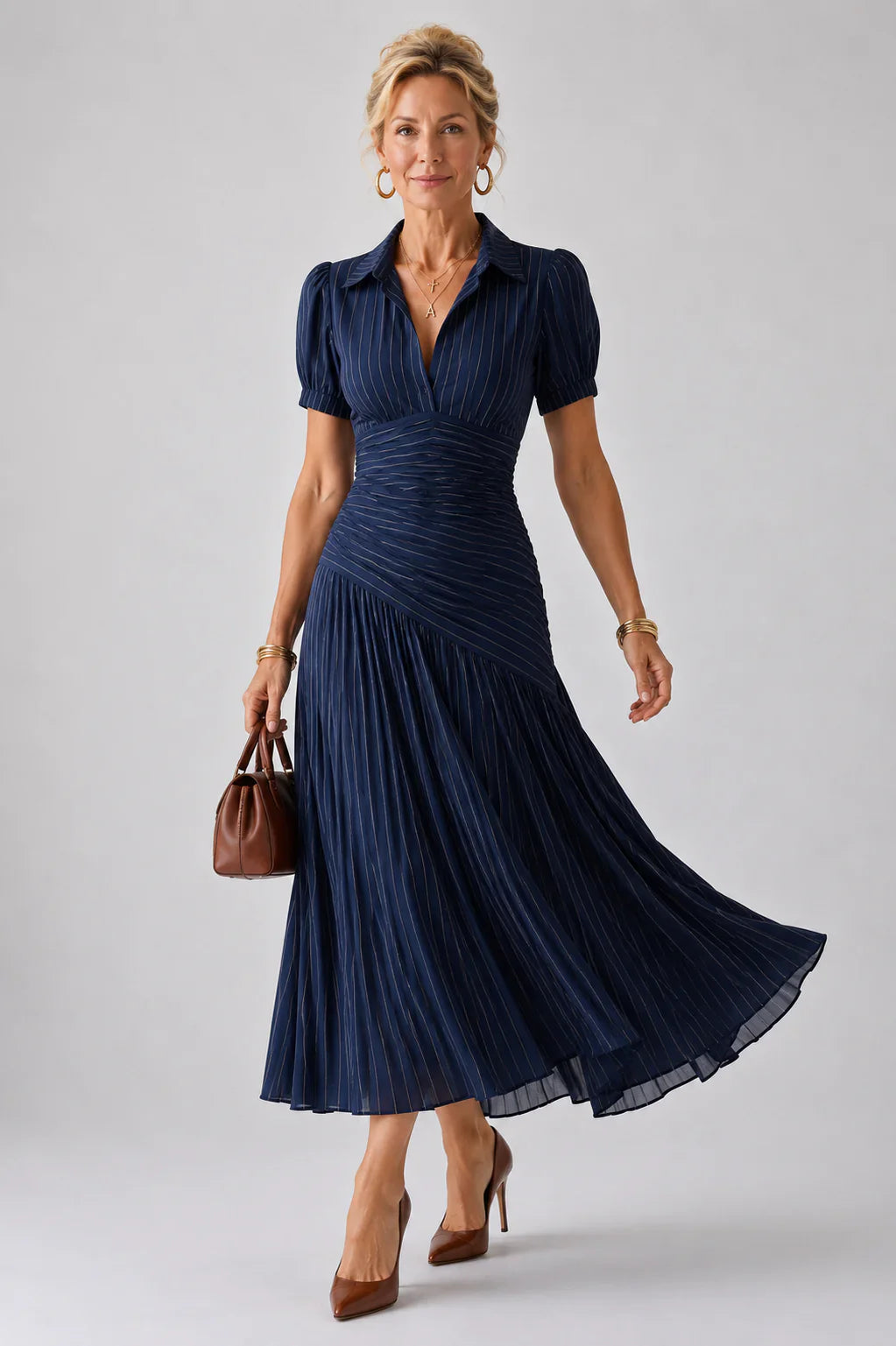 Théodora | Robe Midi à Rayures avec Taille Plissée