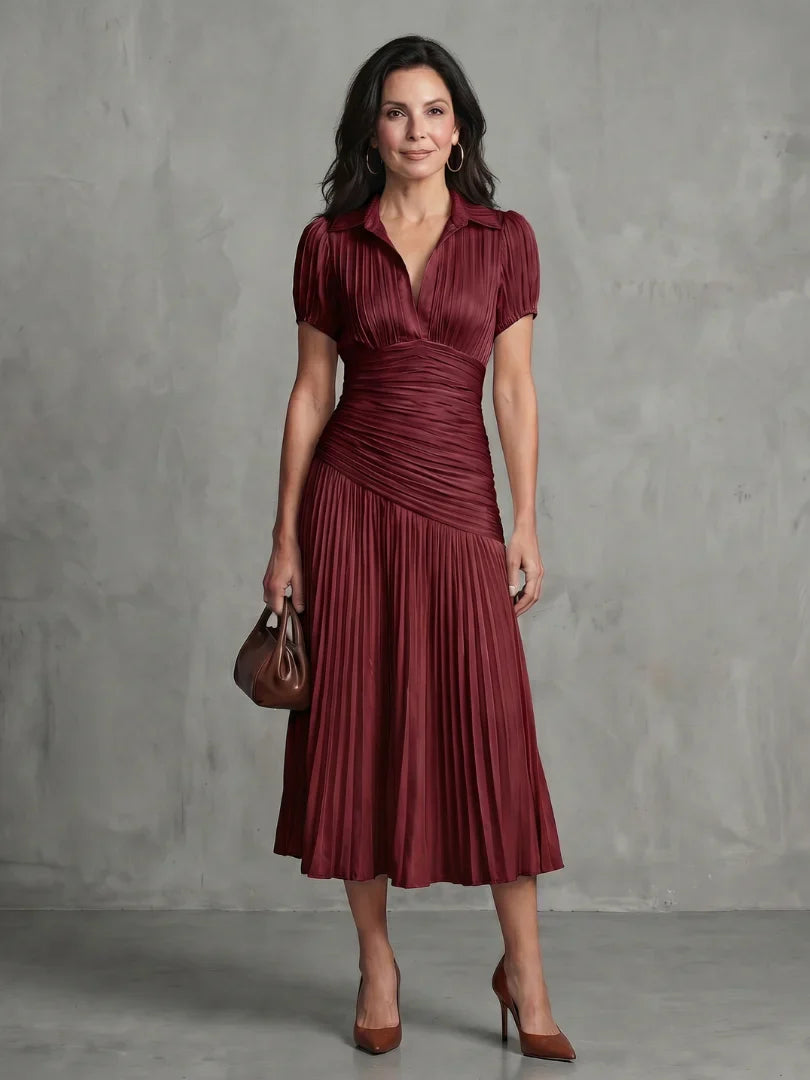Théodora | Robe Midi à Rayures avec Taille Plissée