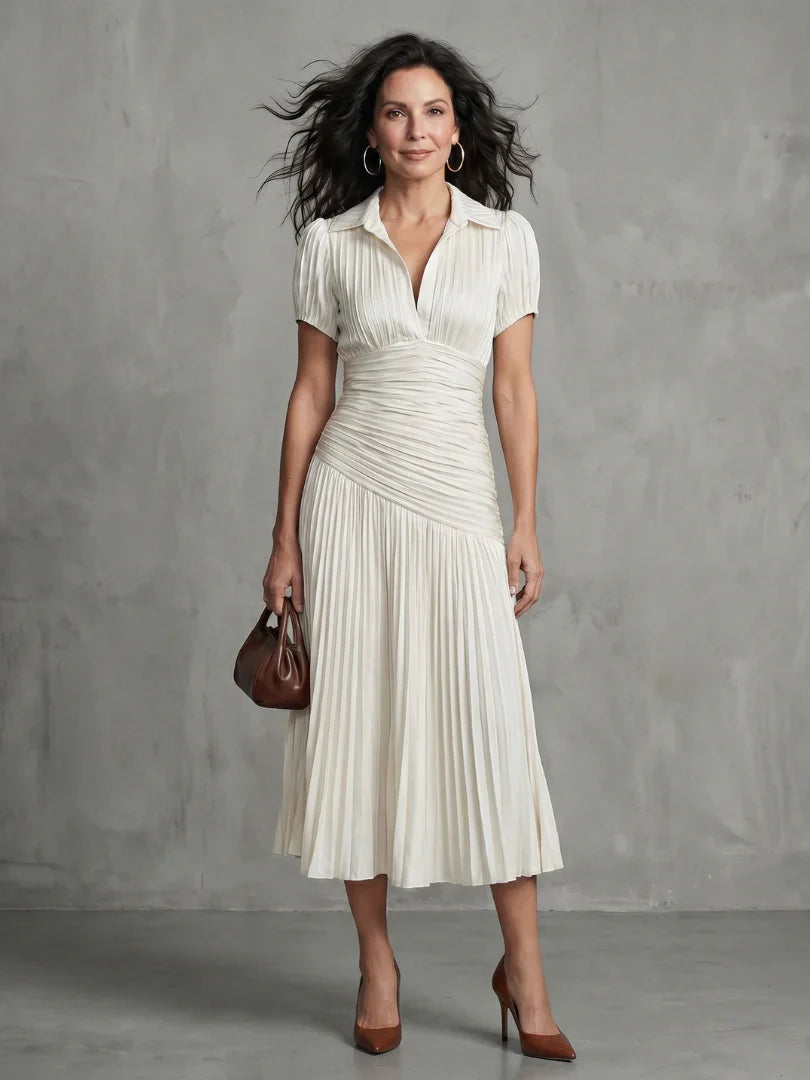 Théodora | Robe Midi à Rayures avec Taille Plissée