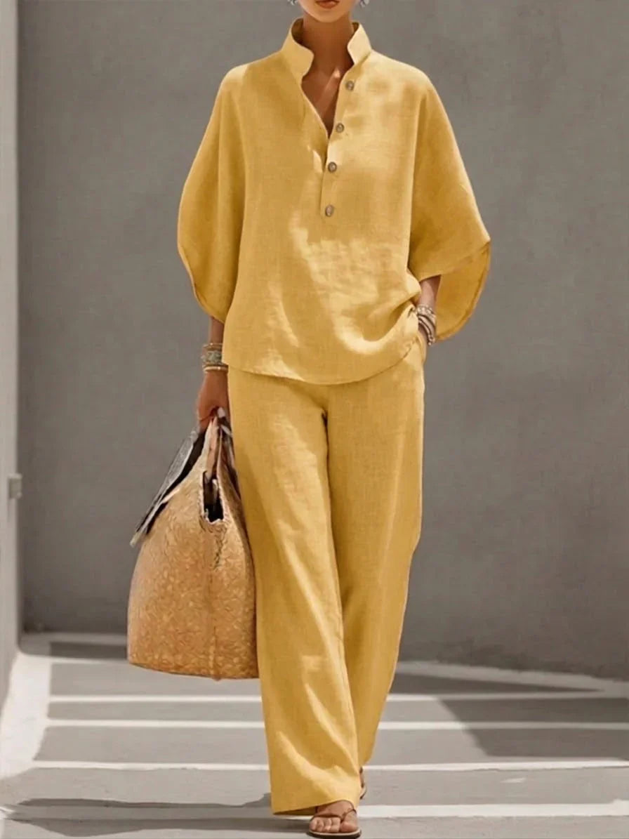 Mariel | Ensemble complet en lin avec manches chauve-souris et pantalons larges