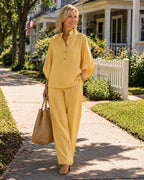 Mariel | Ensemble complet en lin avec manches chauve-souris et pantalons larges